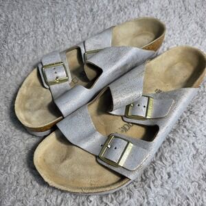 Birkenstock Arizona Metallic Silver Leather Double Strap Sandals EU 43 Wm 12